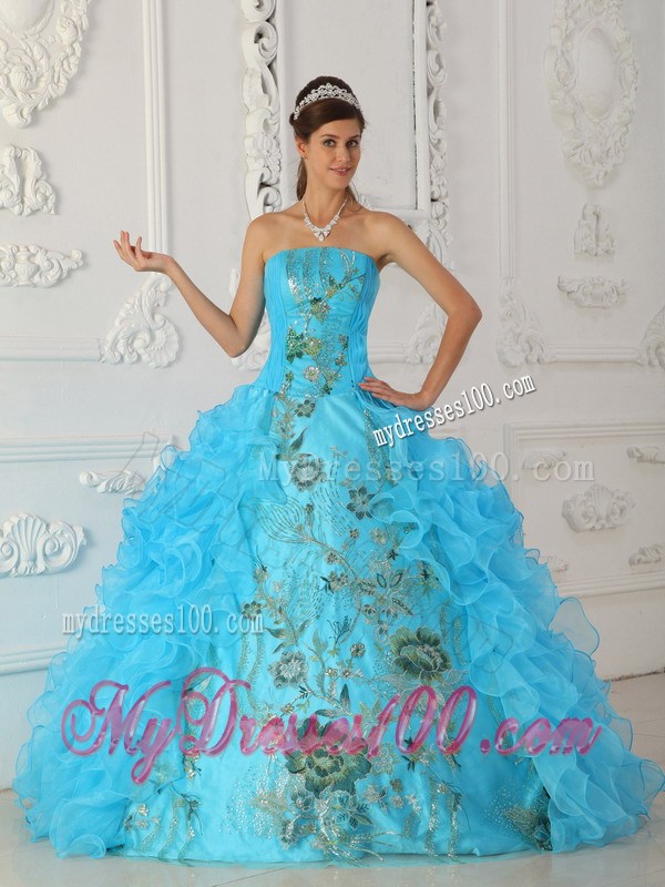 Best Seller Embroidery Rolling Flower Aqua Blue Quinceanera Dresses