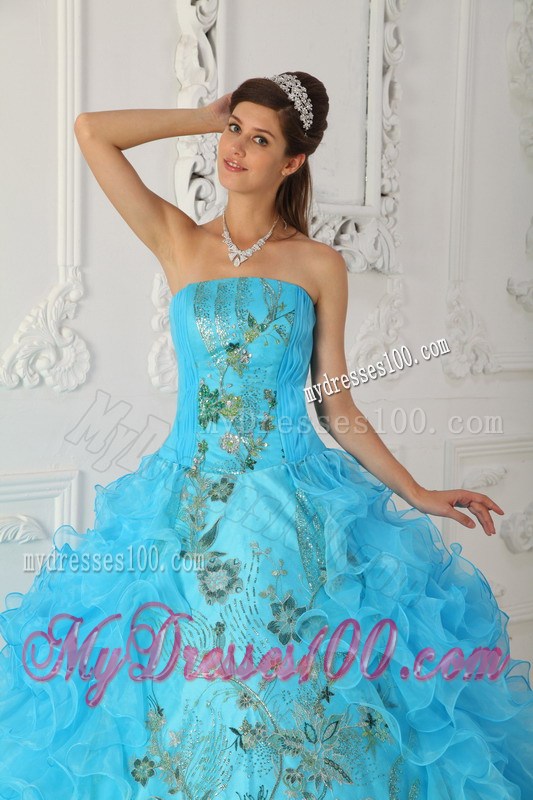 Best Seller Embroidery Rolling Flower Aqua Blue Quinceanera Dresses