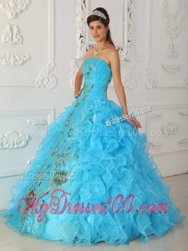 Best Seller Embroidery Rolling Flower Aqua Blue Quinceanera Dresses