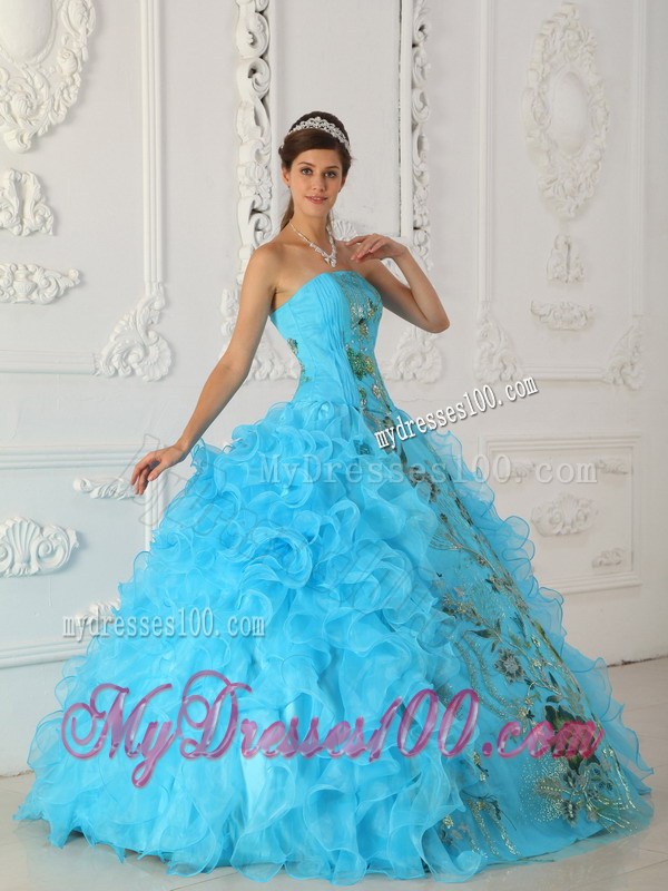 Best Seller Embroidery Rolling Flower Aqua Blue Quinceanera Dresses