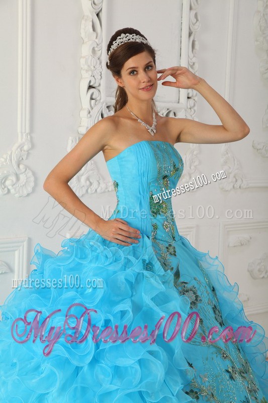 Best Seller Embroidery Rolling Flower Aqua Blue Quinceanera Dresses