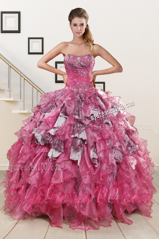 Exquisite Beading Hot Pink Sweet 15 Dress with Leopard