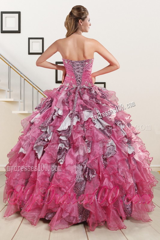 Exquisite Beading Hot Pink Sweet 15 Dress with Leopard