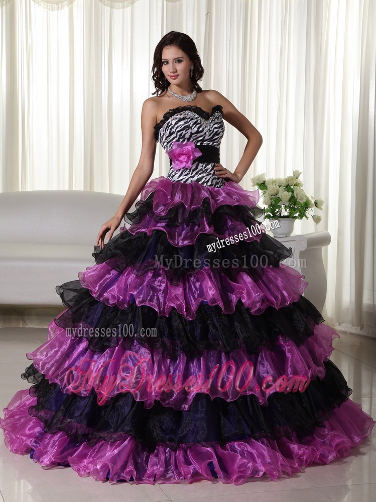 Most Popular Zebra Print Purple Ruffle Layers Quinceanera Dresses
