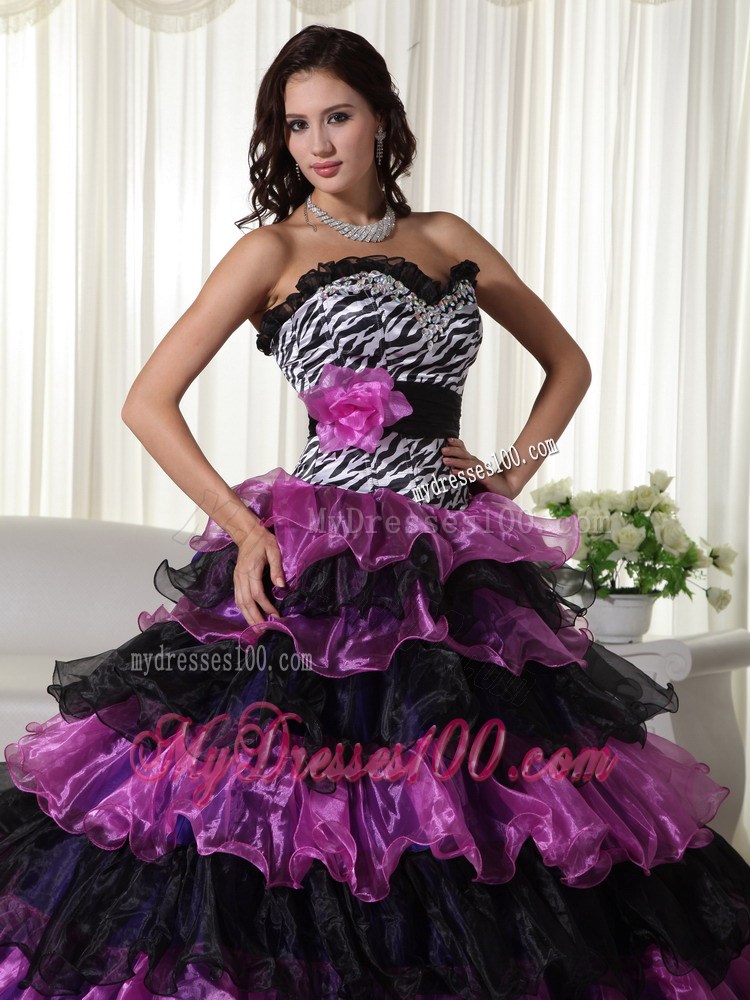 Most Popular Zebra Print Purple Ruffle Layers Quinceanera Dresses