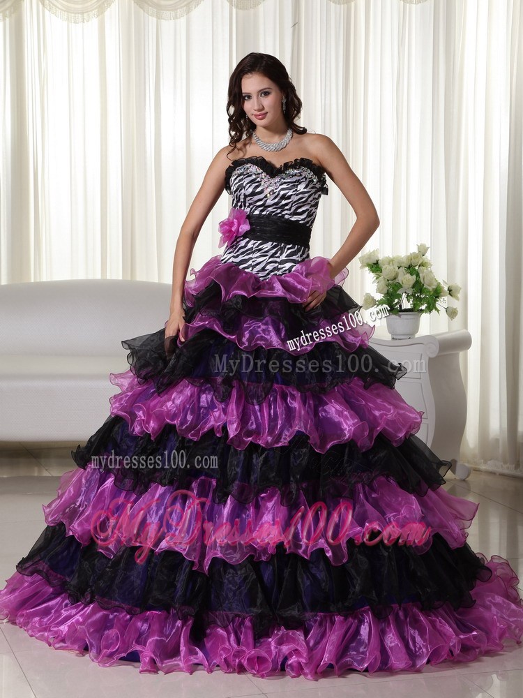 Most Popular Zebra Print Purple Ruffle Layers Quinceanera Dresses