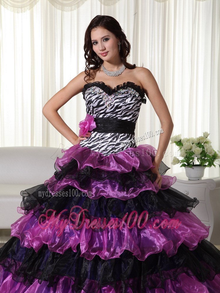 Most Popular Zebra Print Purple Ruffle Layers Quinceanera Dresses