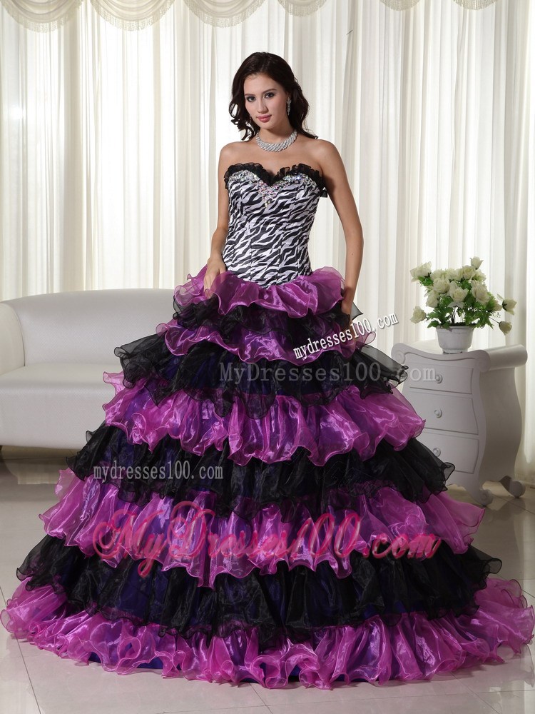 Most Popular Zebra Print Purple Ruffle Layers Quinceanera Dresses