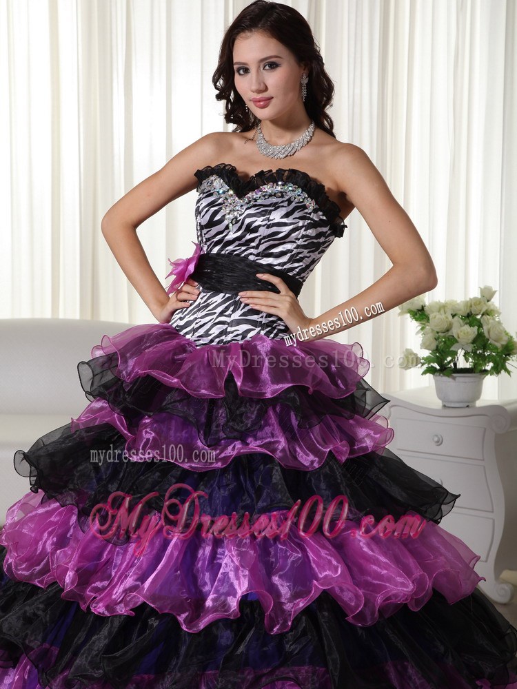 Most Popular Zebra Print Purple Ruffle Layers Quinceanera Dresses