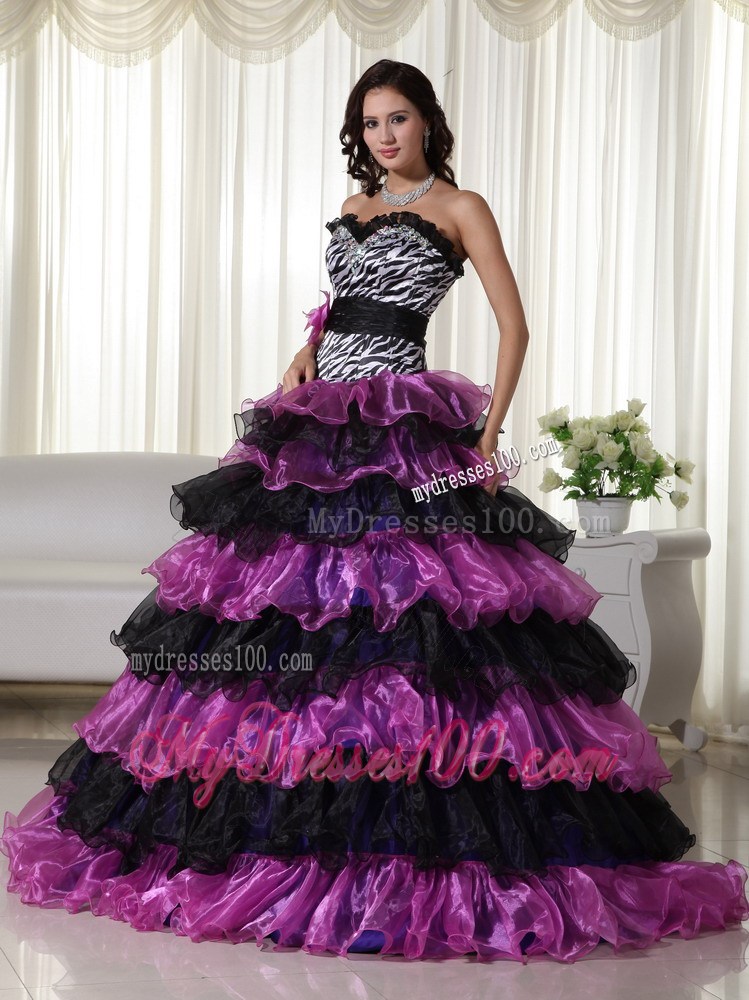 Most Popular Zebra Print Purple Ruffle Layers Quinceanera Dresses
