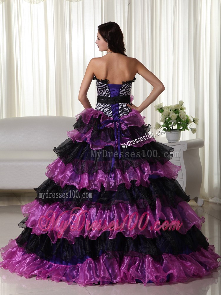 Most Popular Zebra Print Purple Ruffle Layers Quinceanera Dresses