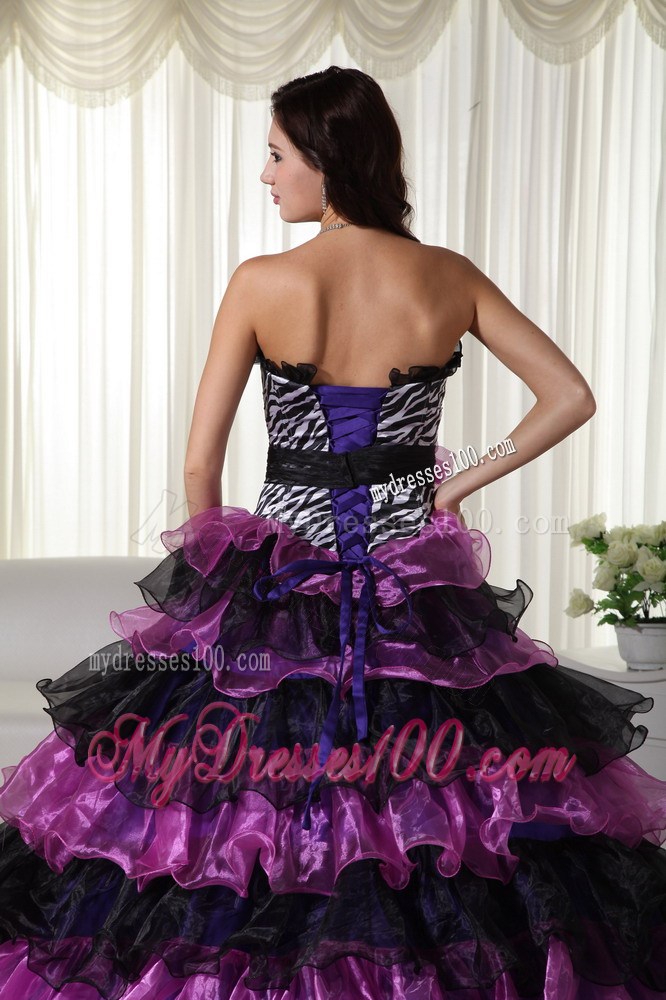 Most Popular Zebra Print Purple Ruffle Layers Quinceanera Dresses