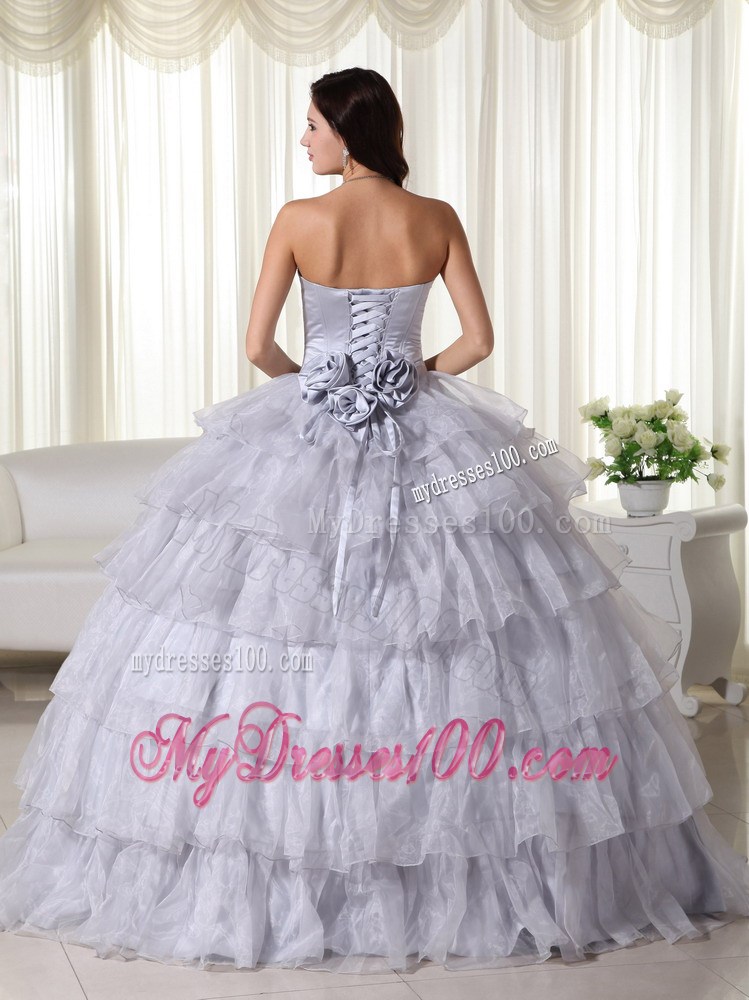 Gray Ruffle Layers Beaded Sweet Sixteen Birthday Party Dresses Handmade Flower