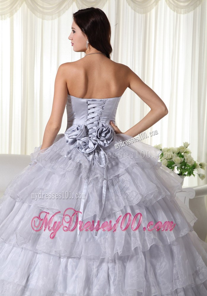Gray Ruffle Layers Beaded Sweet Sixteen Birthday Party Dresses Handmade Flower