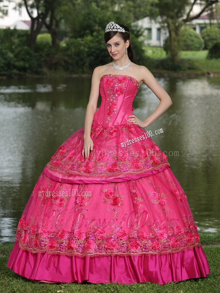 Beautiful Handmade Flowers Hot Pink Quinceanera Dresses Fast Shipping