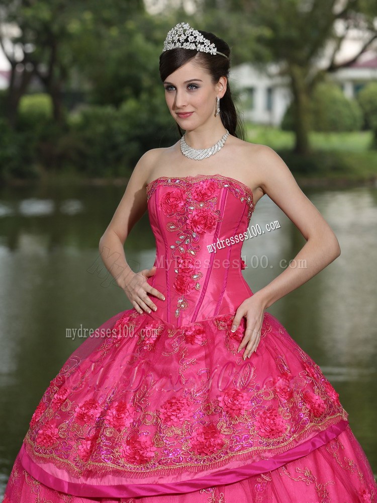 Beautiful Handmade Flowers Hot Pink Quinceanera Dresses Fast Shipping