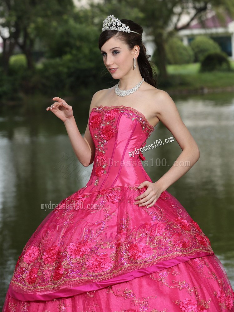 Beautiful Handmade Flowers Hot Pink Quinceanera Dresses Fast Shipping