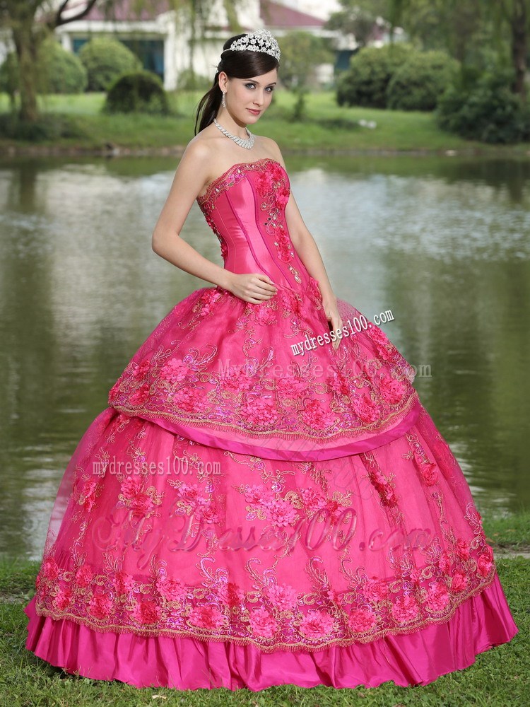 Beautiful Handmade Flowers Hot Pink Quinceanera Dresses Fast Shipping