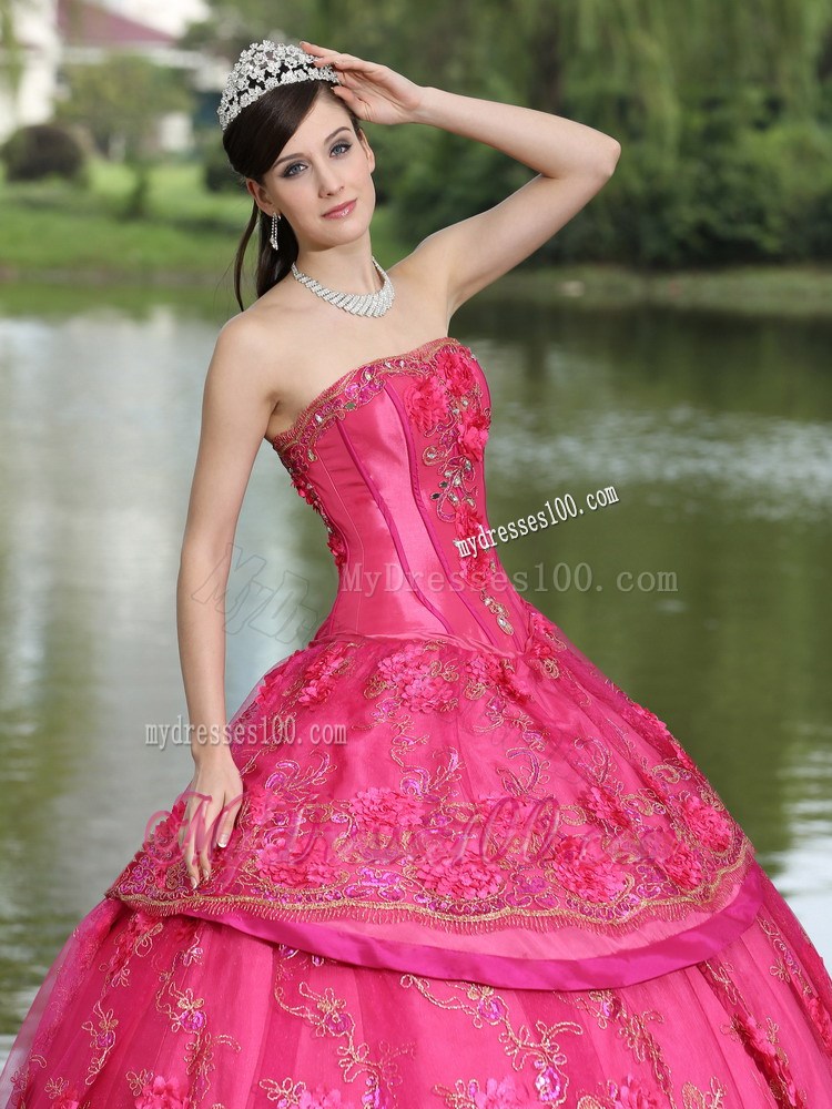 Beautiful Handmade Flowers Hot Pink Quinceanera Dresses Fast Shipping