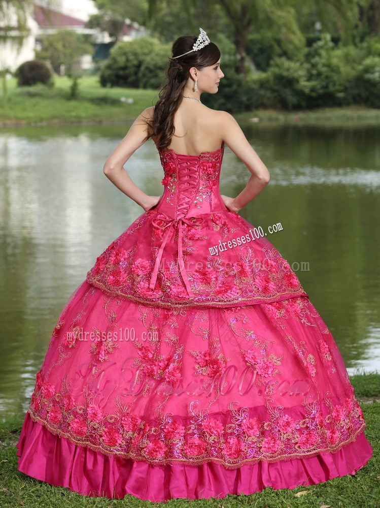 Beautiful Handmade Flowers Hot Pink Quinceanera Dresses Fast Shipping