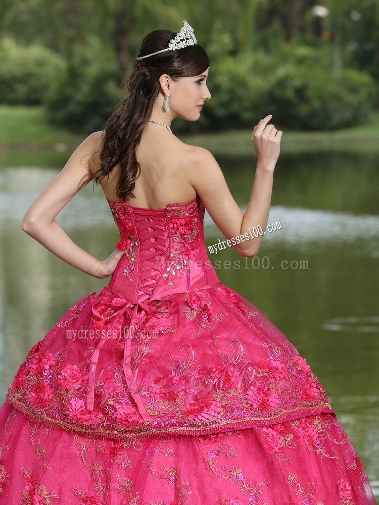 Beautiful Handmade Flowers Hot Pink Quinceanera Dresses Fast Shipping