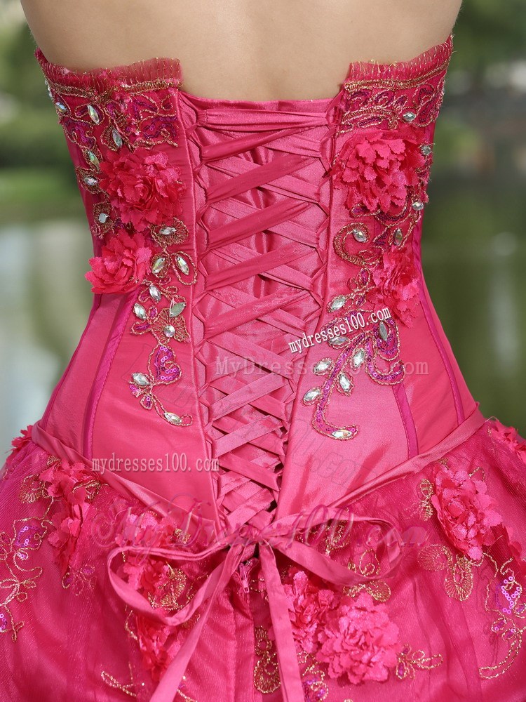 Beautiful Handmade Flowers Hot Pink Quinceanera Dresses Fast Shipping