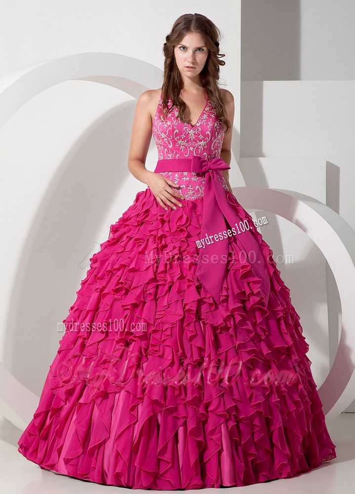 Elegant Bowknot Halter Top Quinceanera Dresses in Hot Pink with Ruffles