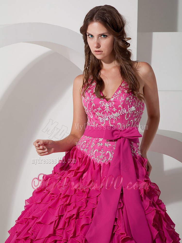 Elegant Bowknot Halter Top Quinceanera Dresses in Hot Pink with Ruffles