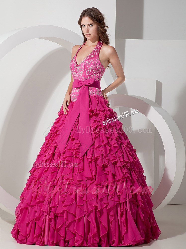 Elegant Bowknot Halter Top Quinceanera Dresses in Hot Pink with Ruffles