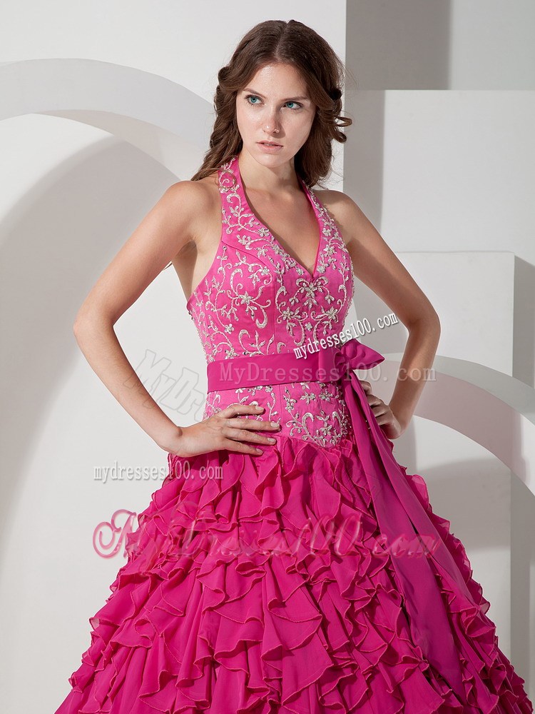 Elegant Bowknot Halter Top Quinceanera Dresses in Hot Pink with Ruffles