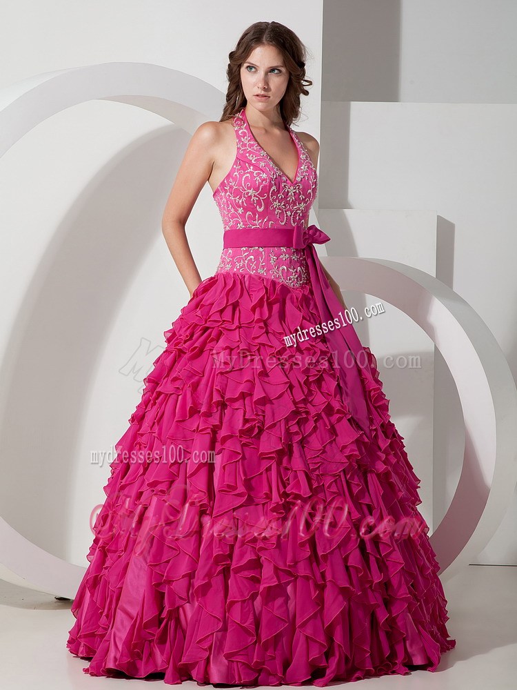 Elegant Bowknot Halter Top Quinceanera Dresses in Hot Pink with Ruffles