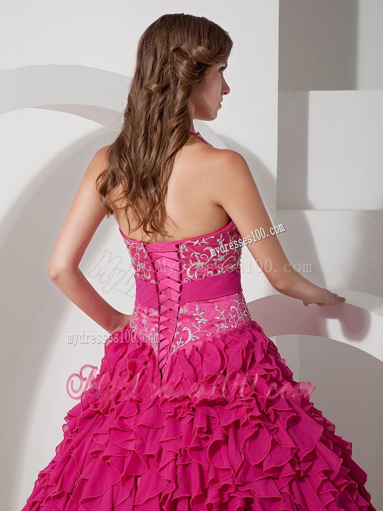 Elegant Bowknot Halter Top Quinceanera Dresses in Hot Pink with Ruffles