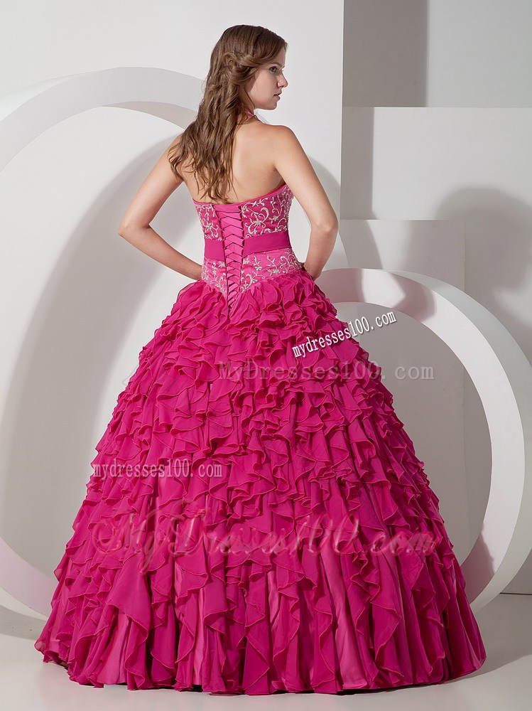 Elegant Bowknot Halter Top Quinceanera Dresses in Hot Pink with Ruffles