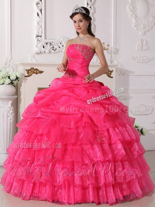 Organza Hot Pink Strapless Appliques Sweet Sixteen Dresses Bowknot Back
