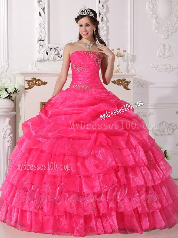 Organza Hot Pink Strapless Appliques Sweet Sixteen Dresses Bowknot Back