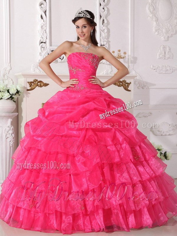 Organza Hot Pink Strapless Appliques Sweet Sixteen Dresses Bowknot Back