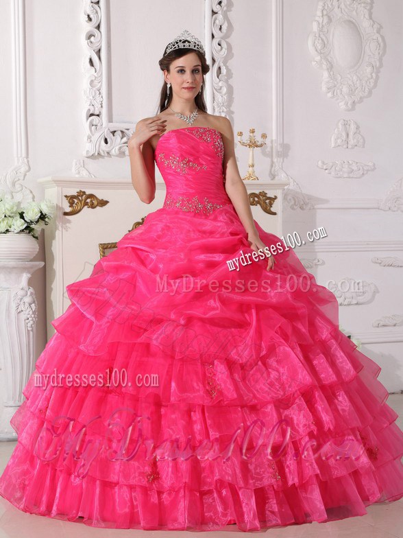 Organza Hot Pink Strapless Appliques Sweet Sixteen Dresses Bowknot Back