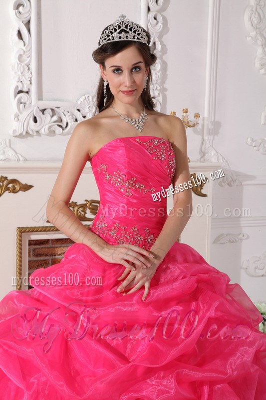 Organza Hot Pink Strapless Appliques Sweet Sixteen Dresses Bowknot Back