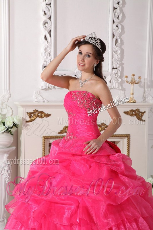 Organza Hot Pink Strapless Appliques Sweet Sixteen Dresses Bowknot Back