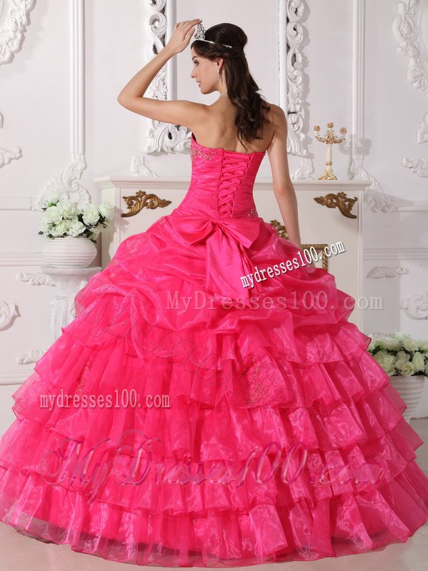 Organza Hot Pink Strapless Appliques Sweet Sixteen Dresses Bowknot Back