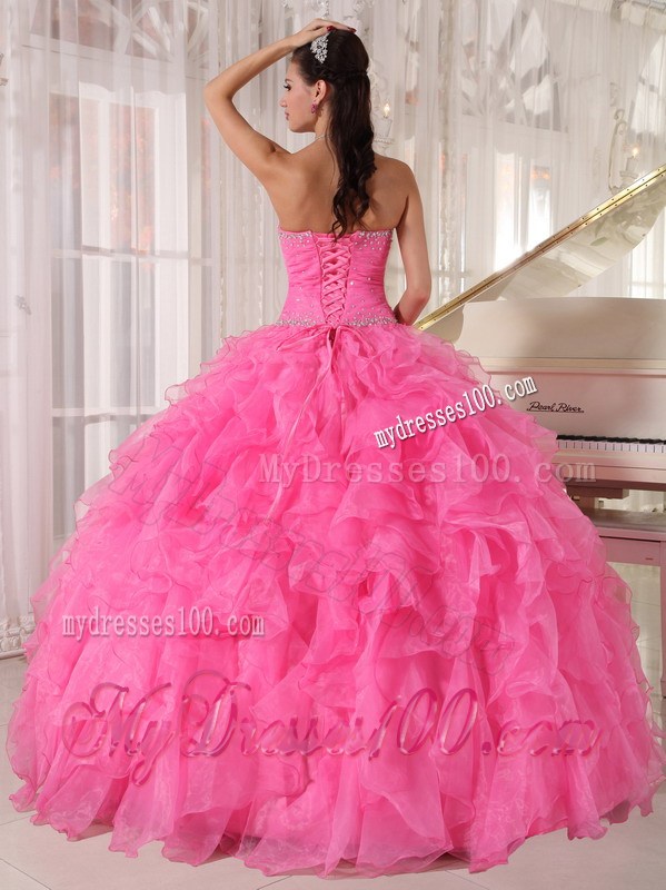 Hot Pink Beaded Sweetheart Ruffles Quinceanera Dresses Lace-up Back