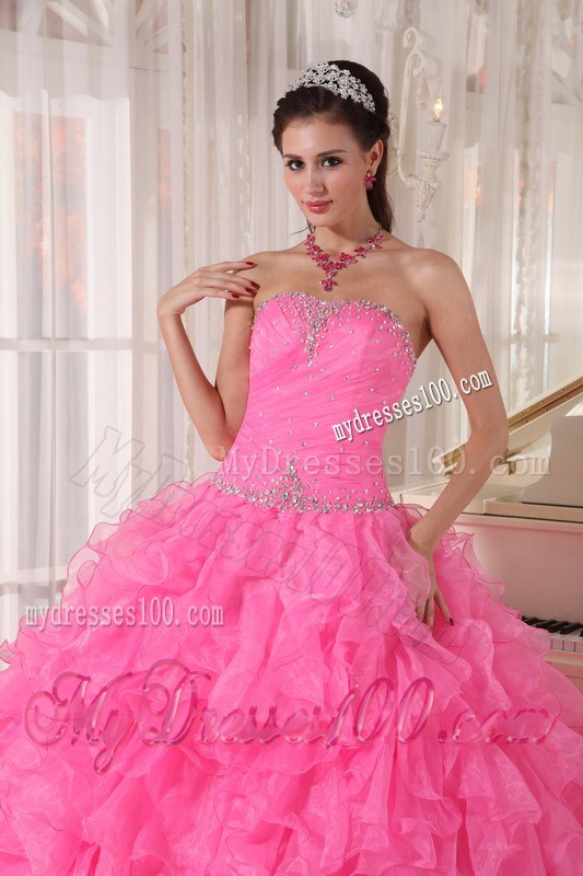 Hot Pink Beaded Sweetheart Ruffles Quinceanera Dresses Lace-up Back