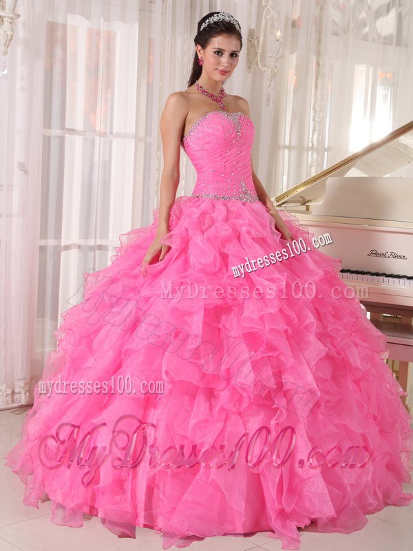 Hot Pink Beaded Sweetheart Ruffles Quinceanera Dresses Lace-up Back