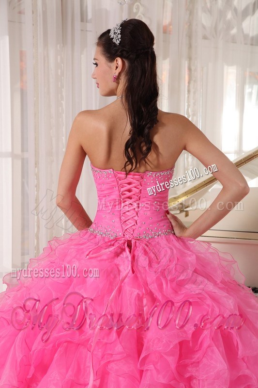 Hot Pink Beaded Sweetheart Ruffles Quinceanera Dresses Lace-up Back