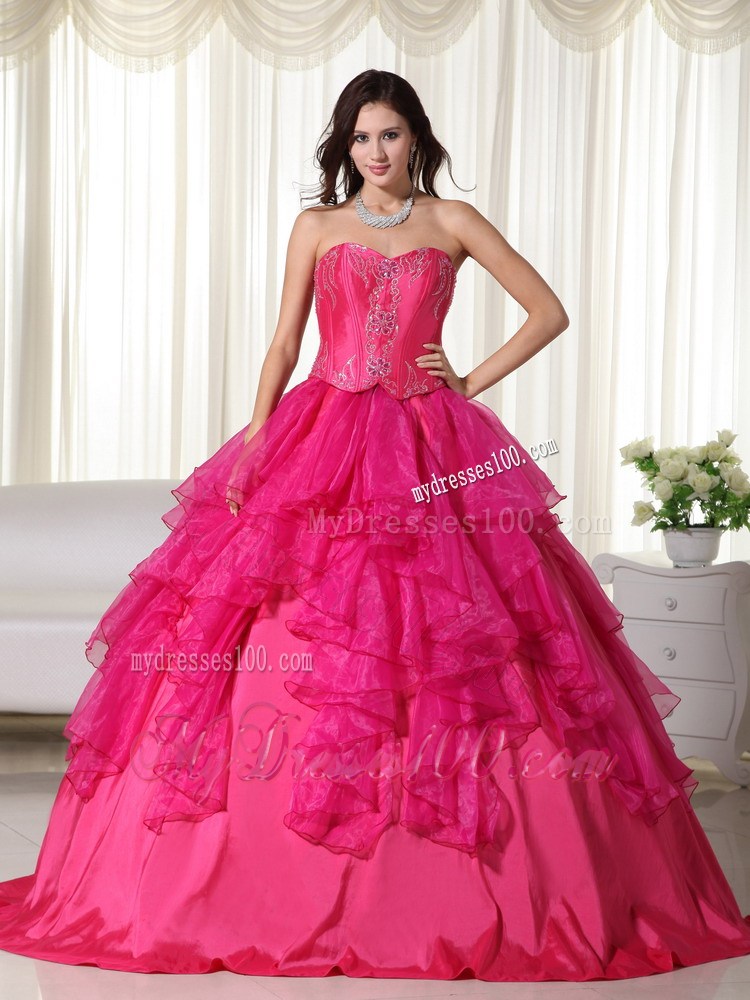 Hot Pink Ruffles Floor-length Organza Beaded Quinceanera Dress