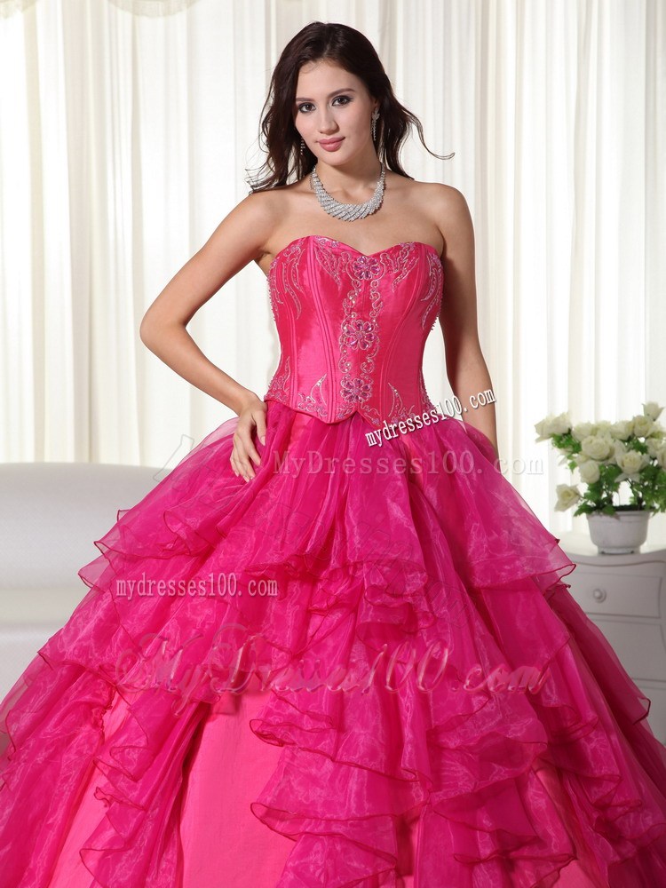Hot Pink Ruffles Floor-length Organza Beaded Quinceanera Dress