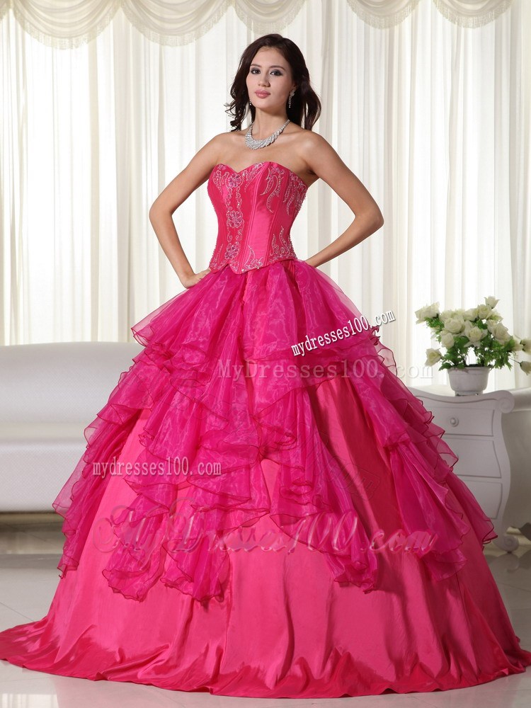 Hot Pink Ruffles Floor-length Organza Beaded Quinceanera Dress