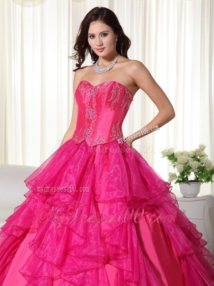 Hot Pink Ruffles Floor-length Organza Beaded Quinceanera Dress
