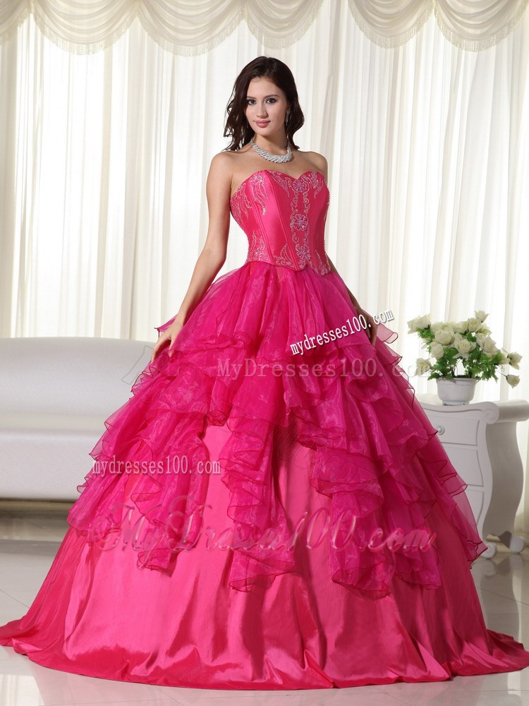 Hot Pink Ruffles Floor-length Organza Beaded Quinceanera Dress