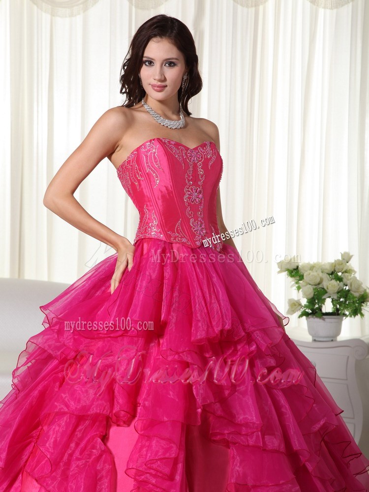 Hot Pink Ruffles Floor-length Organza Beaded Quinceanera Dress